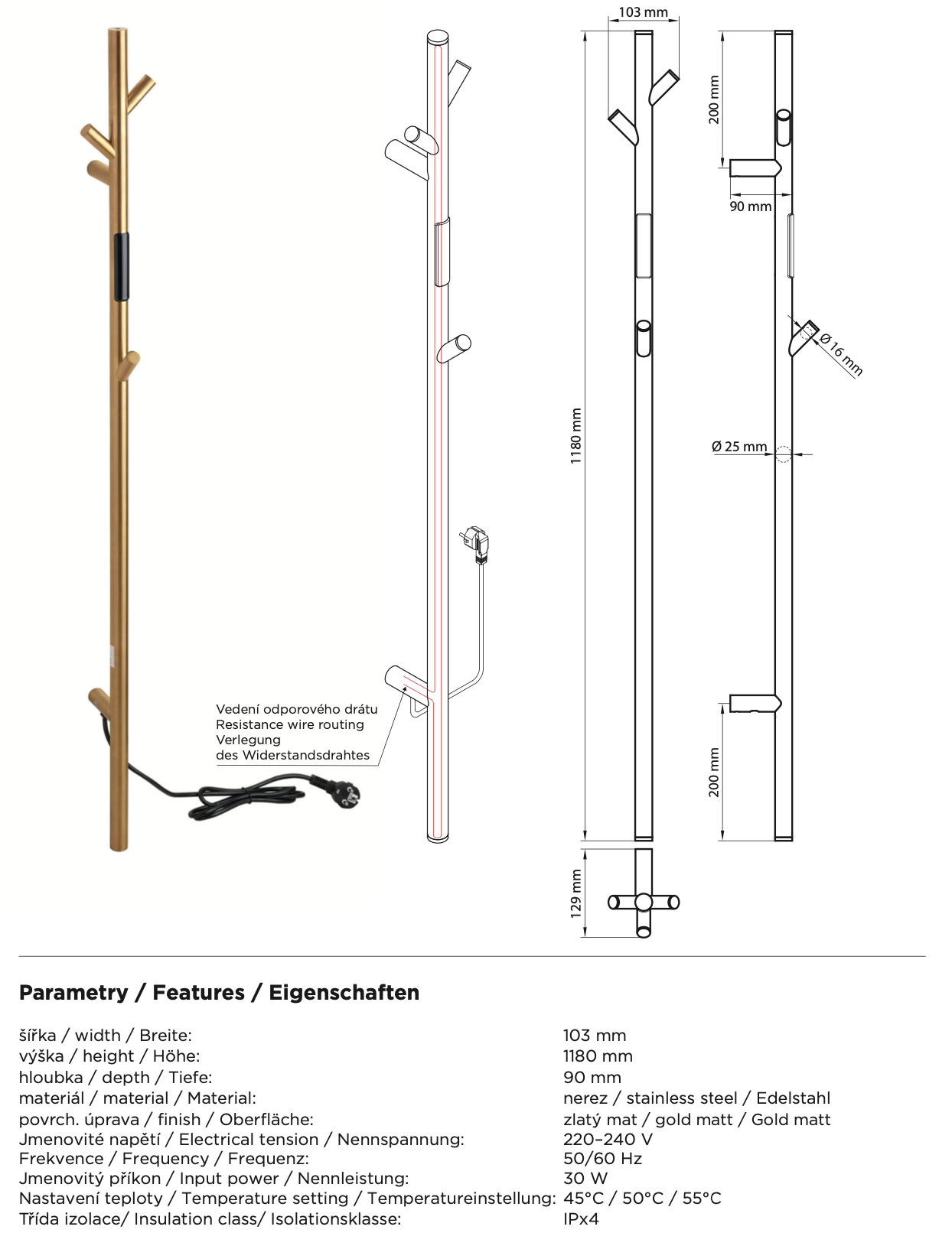 Sèche-serviettes chauffant, or mat