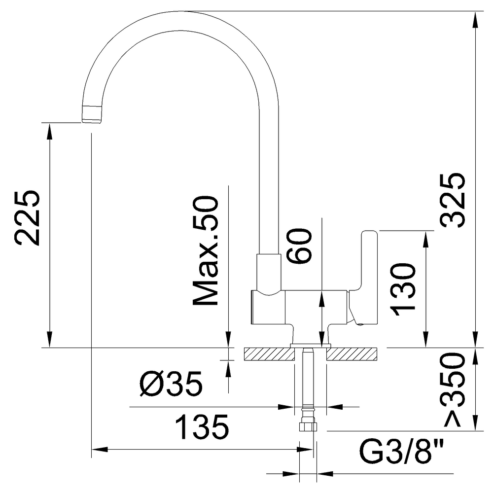Single-lever sink mixer 225mm with shaped spout folding Round Cold Open