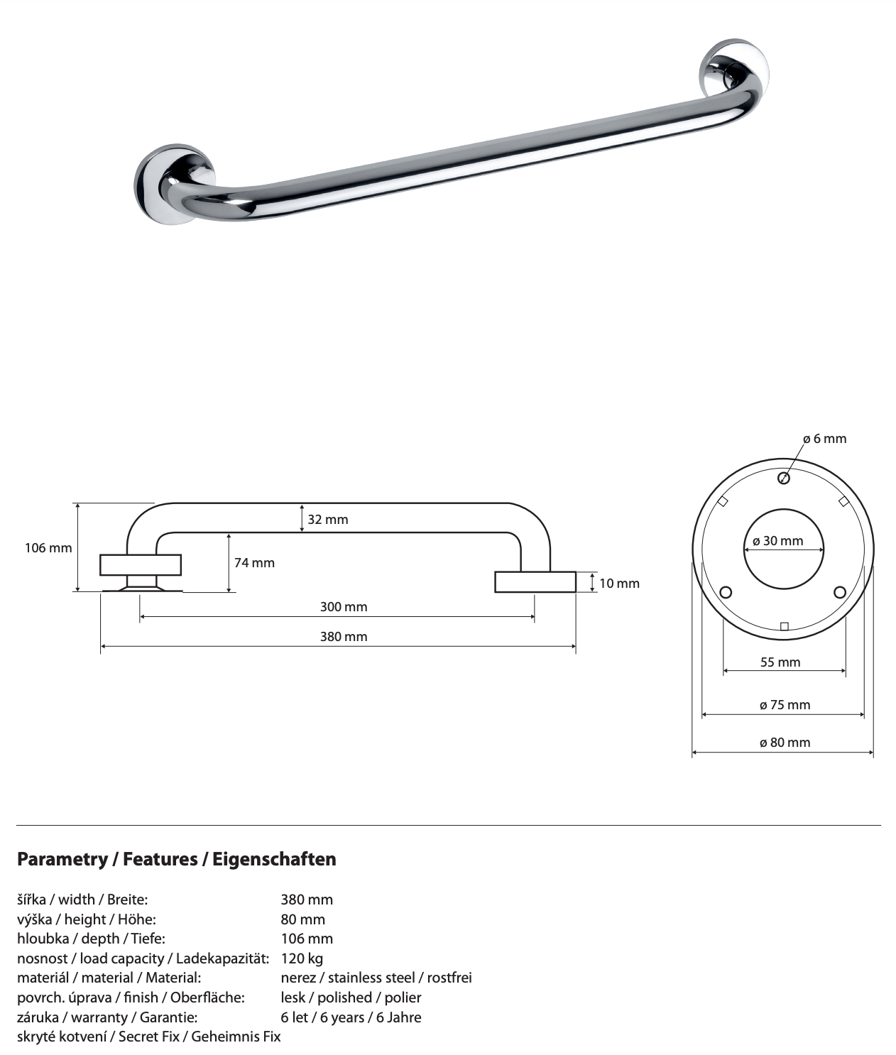 Grab Bar 300mm Polished HELP