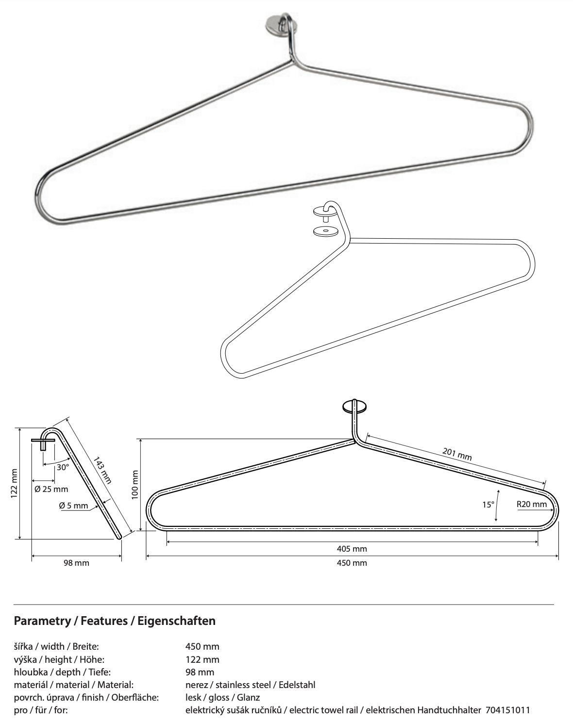 Support pour sèche-serviettes électrique, chrome poli