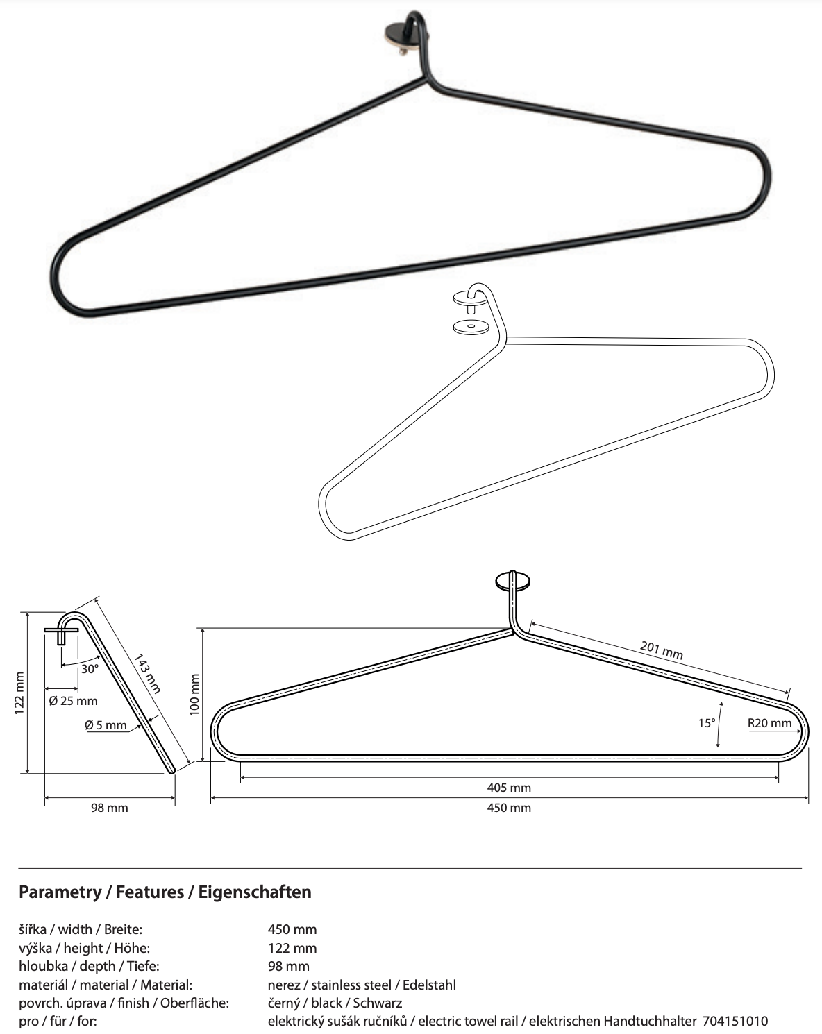 Hanger for electric towel rail, black