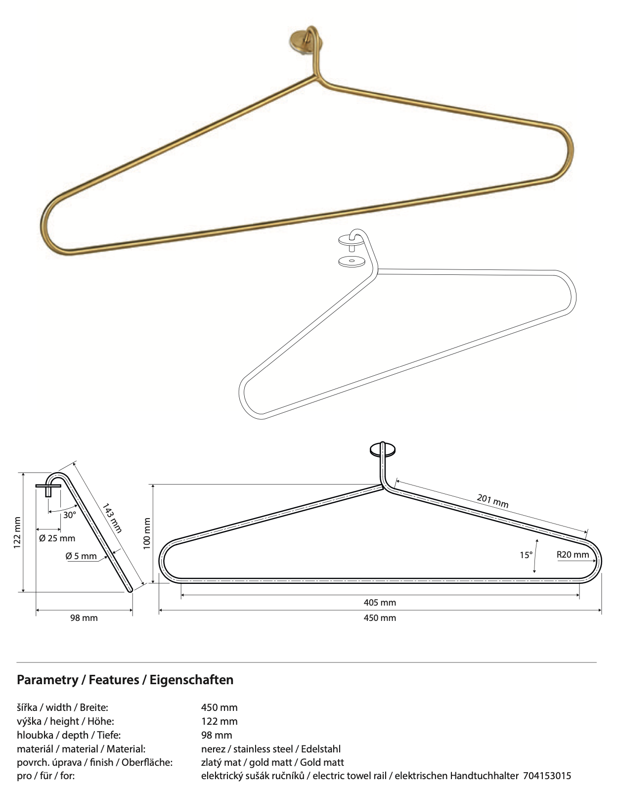 Hanger for electric towel rail, Matt Gold